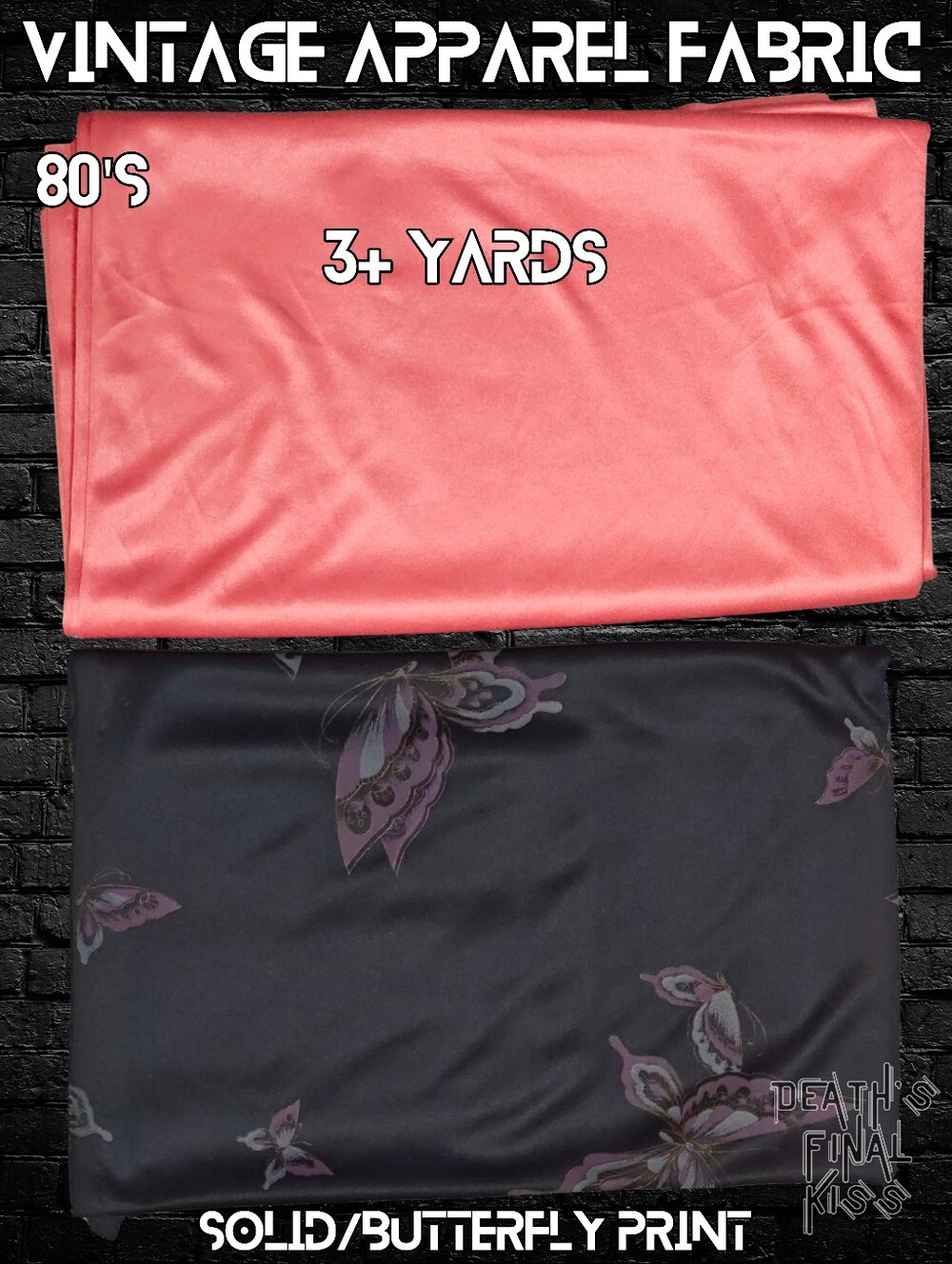 Vintage Apparel Fabric semi stretchy shiny knit black Purple Butterflies Remnant